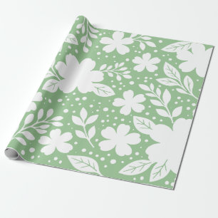 Papier Cadeau Motif floral blanc sur fond vert doux