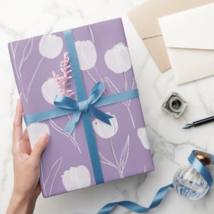 Papier Cadeau Motif floral blanc tulipe lavande moderne