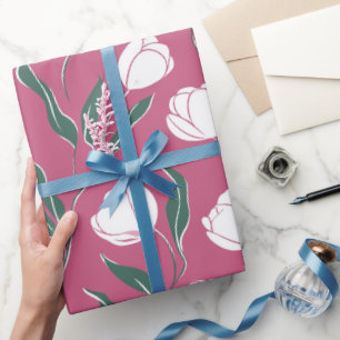 Papier Cadeau Motif floral blanc tulipe rose moderne