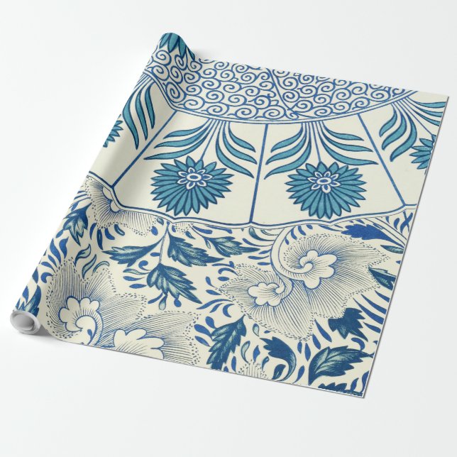 Papier Cadeau Motif Floral bleu Antique Design asiatique (Déroulé)
