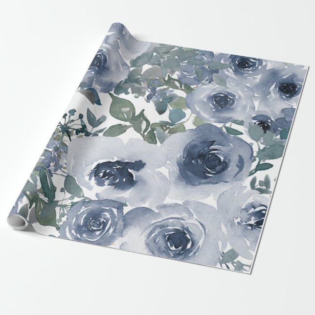 Papier Cadeau Motif floral bleu, Aquarelle artistique (Déroulé)