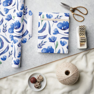 Papier Cadeau Motif floral bleu aquarelle. Botanique de la Marin