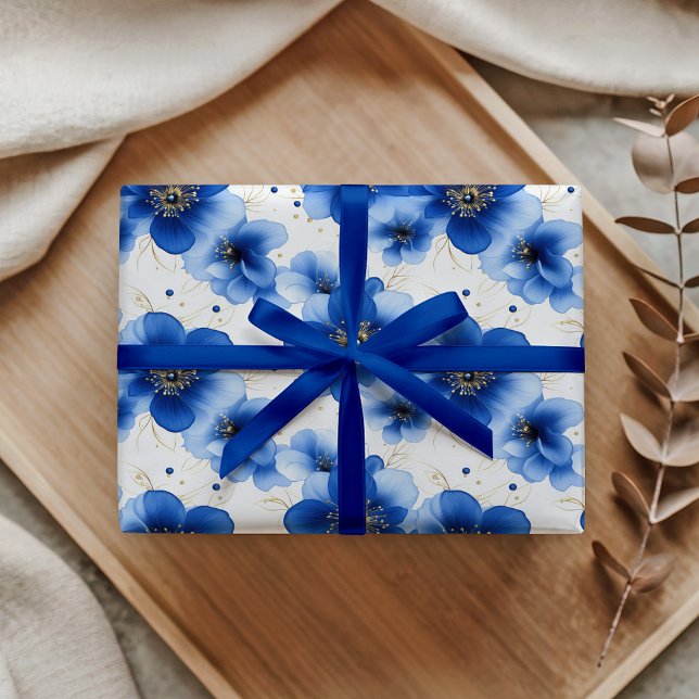 Papier Cadeau Motif floral bleu avec accents dorés (Créateur téléchargé)