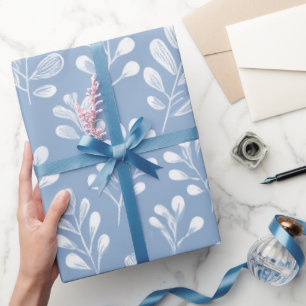 Papier Cadeau Motif floral bleu doux scandinave à feuilles blanc