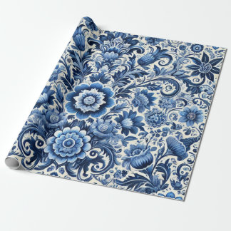 Papier Cadeau Motif floral bleu folk