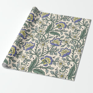 Papier Cadeau Motif floral bleu, jaune et blanc continu 