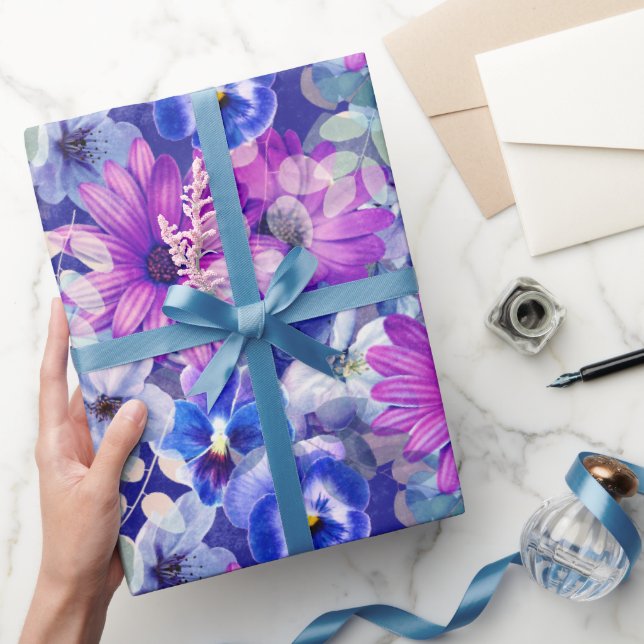 Papier Cadeau Motif Floral bleu magenta rose (Cadeaux)