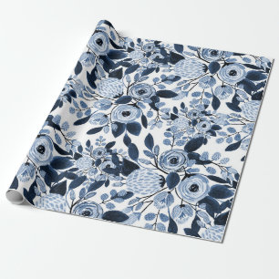Papier Cadeau Motif floral bleu marine Pastel