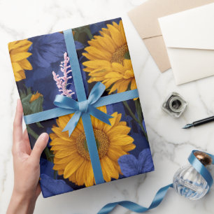 Papier Cadeau Motif floral bleu tournesol jaune vintage