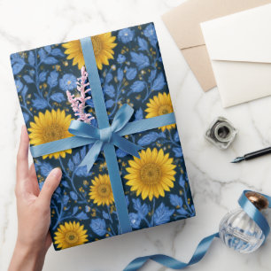 Papier Cadeau Motif floral bleu tournesol jaune vintage
