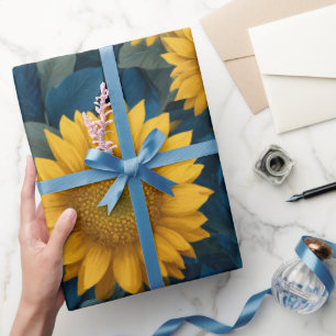 Papier Cadeau Motif floral bleu tournesol jaune vintage