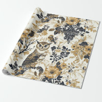 Motif floral champêtre beige rustique avec hibou