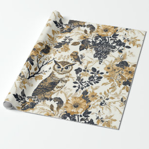 Papier Cadeau Motif floral champêtre beige rustique avec hibou