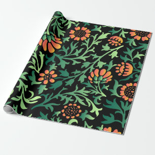 Papier Cadeau Motif floral complexe avec feuilles vertes
