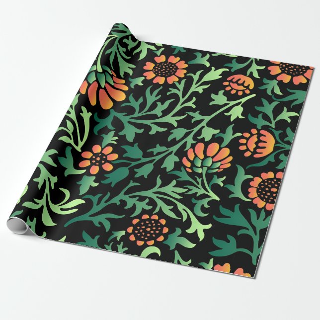 Papier Cadeau Motif floral complexe avec feuilles vertes (Déroulé)
