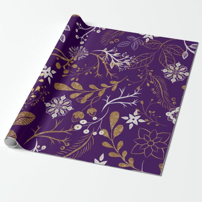 Papier Cadeau Motif floral complexe avec or et blanc (Déroulé)