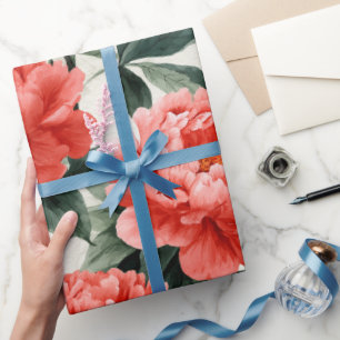 Papier Cadeau Motif floral crème de pivoine corail aquarelle