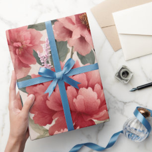 Papier Cadeau Motif floral crème de pivoine corail aquarelle