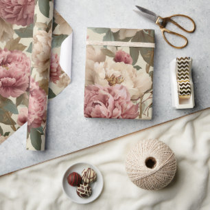 Papier Cadeau Motif floral crème de pivoine rose vintage