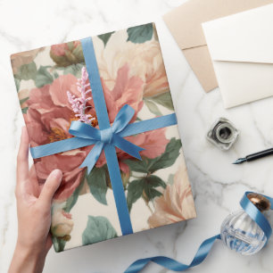 Papier Cadeau Motif floral crème de pivoine rose vintage