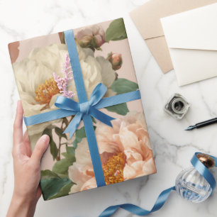 Papier Cadeau Motif floral crème de pivoine rose vintage