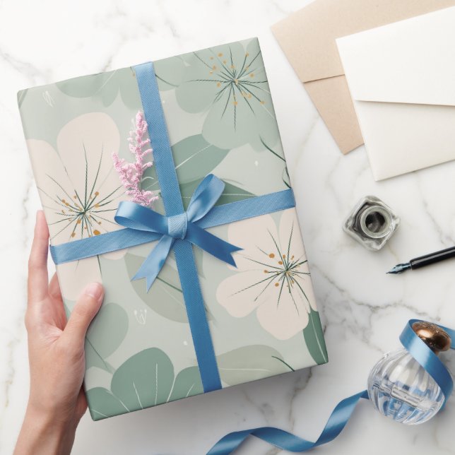 Papier Cadeau Motif floral crème fleur vert doux (Cadeaux)
