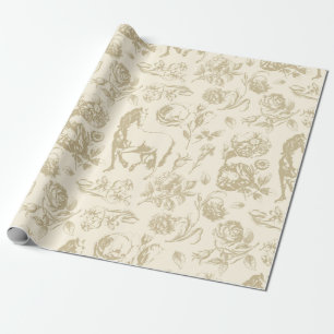 Papier Cadeau Motif floral de cheval beige or vintage élégant