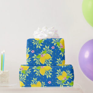 Papier Cadeau Motif floral de citrons bleus et jaunes ensoleillé
