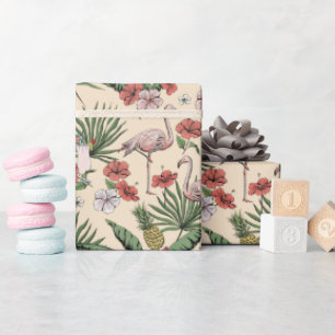 Papier Cadeau Motif floral de flamant en ivoire tropical