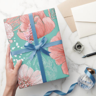 Papier Cadeau Motif floral de fleur de corail dessinée à la main