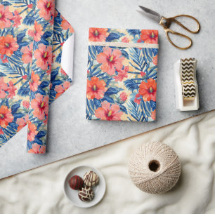 Papier Cadeau Motif floral de fleurs d'hibiscus d'été tropical