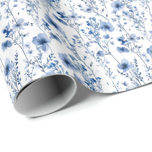 Papier Cadeau Motif floral de fleurs sauvages à l'aquarelle bleu