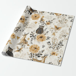 Papier Cadeau Motif floral de hibou beige de campagne française