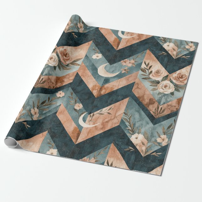 Papier Cadeau Motif floral de lune rustique à chevron (8) (Déroulé)
