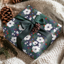 Motif floral de Noël hivernal bleu rouge vert