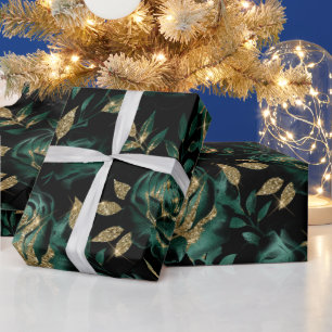 Papier Cadeau Motif floral de rose verte et dorée élégant