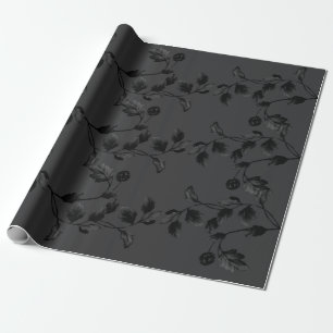 Papier Cadeau Motif floral de vigne de feuille noire sur le gris