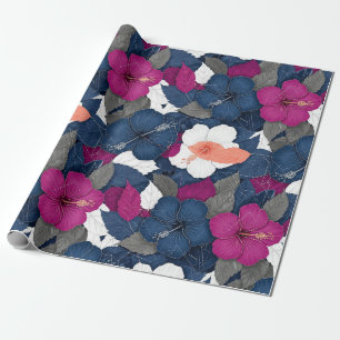 Papier Cadeau Motif floral d'hibiscus bleu élégant (2)