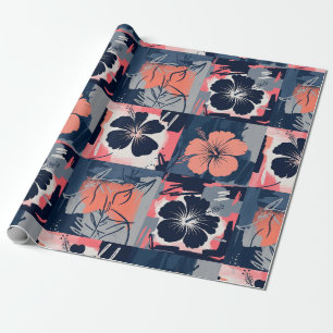 Papier Cadeau Motif floral d'hibiscus bleu élégant (7)