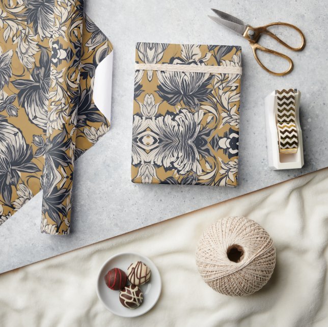 Papier Cadeau Motif floral élégant noir et blanc sur fond doré m (Artisanat)