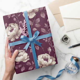 Papier Cadeau Motif floral élégant prune rose ivoire
