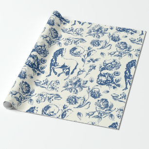 Papier Cadeau Motif floral élégant vintage toile de Jouy bleu ch