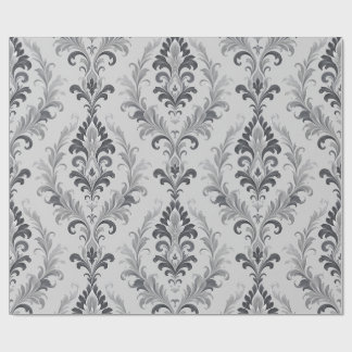 Papier Cadeau Motif floral en damas baroque gris argent