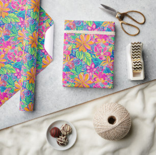 Papier Cadeau Motif floral en rose vif, bleu, orange et vert