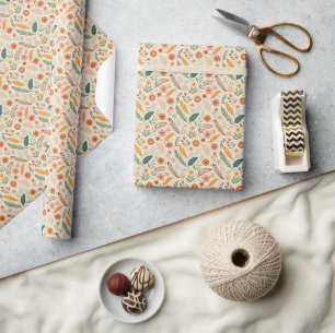 Papier Cadeau Motif floral et à plumes rétro boho
