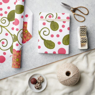 Papier Cadeau Motif floral et à pois rose fantaisie personnalisé