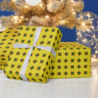 Papier Cadeau Motif floral géométrique rouge, vert et jaune