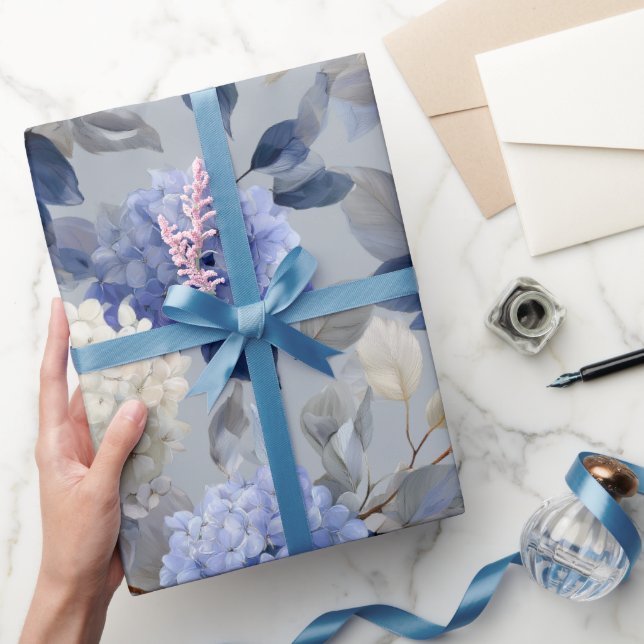 Papier Cadeau Motif floral gris hydrangea bleu doux (Cadeaux)
