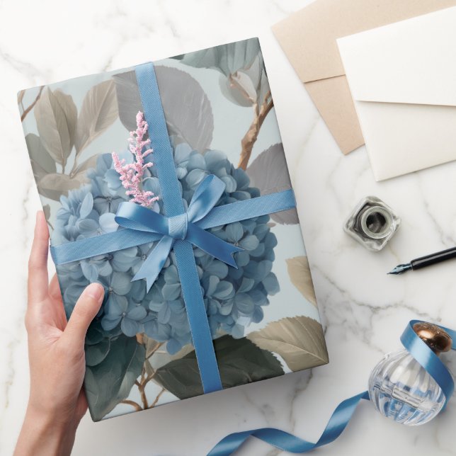 Papier Cadeau Motif floral gris hydrangea bleu doux (Cadeaux)