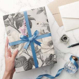 Papier Cadeau Motif floral gris ivoire vintage
